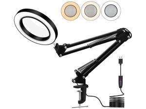 Toolour LED 5X Magnifying Glass Light Desk Lamp - 3 Light Colors Illuminated 10 Brightness Dimmable - USB Powered Magnifier Lighted Lens Adjustable Swivel Arm and Tabletop Clamp for Close Work Craft