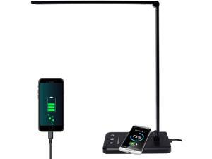 LED Desk Lamp with Wireless Charger USB Charging Port Dimmable Aluminum Table Light 5 Lighting Modes with 5 Brightness Levels Touch Control and 30/60min Auto Timer (Black Desk Lamp)