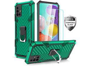 Samsung Galaxy A51 Case with [2 x Tempered Glass Screen Protector] [ Military Grade ] 15Ft. Drop Tested Armor Protective Phone Case with Magnetic Car Mount Ring Kickstand for Galaxy A51 (Dark Green)