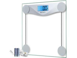 Etekcity Digital Body Weight Bathroom Scale with Body Tape Measure Large Blue LCD Backlight Display High Precision Measurements 6mm Tempered Glass 400 Pounds Silver