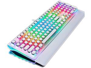TISHLED Typewriter Style Mechanical Gaming Keyboard with True RGB Backlit Collapsible Wrist Rest 108-Key Anti-Ghosting Blue Switch Retro Steampunk Vintage Round Keycaps Metal Panel Wired USB White
