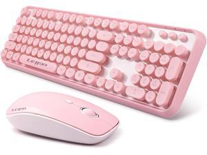 Pink Wireless Keyboard Mouse Combo 2.4GHz Wireless Retro Typewriter Keyboard and Mouse Combo Letton Full Size Wireless Office Computer Keyboard and Cute Mouse with 3 DPI for Mac PC Desktop Laptop