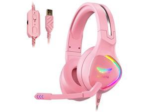 Nivava K12 USB Gaming Headset for PC PS5 7.1 Surround Sound PS4 Headset with Noise Cancelling Microphone Over-Ear Headphone with Soft Memory Earpads RGB LED Lights for Computer Laptop Mac(Pink)