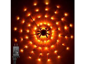 Halloween Spider Web Light with Black Spider 3.9FT Diameter 80 LED Orange Halloween Lights with 8 Modes Plug in Halloween Window Lights and Black Spider for Halloween Party Bedroom Bar Haunted House
