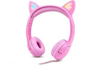 Olyre Girls Headphones with Light Up Cat Ears 35mm On Ear Audio Headphones for Toddler with Tangle Free Cable Max 85dB for School Learning Travel  Pink