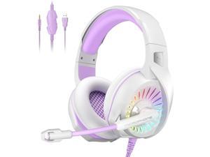 Nivava White Purple Gaming Headset for PS4 PC Headphones with Microphone LED Light Mic for Nintendo Switch PS5 Playstation Computer K7 (White Purple)