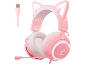 Pink Gaming Headset Cat Ear Headphones USB Headsets with Retractable Microphone Noise Cancelling 7.1 Surround Sound Headset for PC PS4 PS5 Xbox One