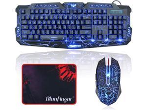 Gaming Keyboard and Mouse USB Wired Backlit Gaming Mouse and Keyboard Combo Letters Glow 3 Color Crack Backlit Illumination Keyboard and Mouse Set for Game and Work