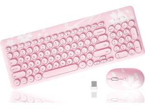 Mytrix cute cherry pink wireless keyboard and mouse combination, type writing key, 2.4G USB ultra-thin keyboard and mouse set, with digital keyboard, suitable for computers, laptops, desktops, PCs,