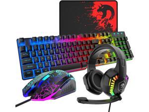 Wired Gaming Keyboard and Mouse Headset Combo Rainbow LED Backlit Wired Keyboard Over Ear Headphone with Mic Rainbow Backlit Gaming Mice Mouse Pad for PC Laptop Mac PS4 Xbox(Black)