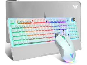 Mechanical Keyboard & Mouse & Mousepad Gaming Kit RGB Macro Wired 104 Keys Blue Switch Wrist Rest Mechanical Keyboard 10000 DPI Programmable Mouse Large Mouse Pad (31.5x12In) Advanced Combo White