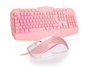 Pink Gaming Keyboard and Mouse Combo, Ergonomic Wired RGB Backlight Gaming Keyboard with Wrist Rest, 3200 DPI LED Gaming Mouse for Computer Windows PC Gamers