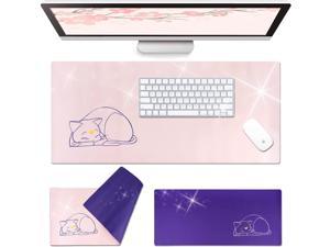 Anime Cat Moon Desk Pad | Double Sided Pale Pastel Pink Purple | Waterproof Faux Leather Mat Mousepad | Luna Kawaii Cute Desk Office Laptop Makeup Blotter Protector (Pink Purple Large)