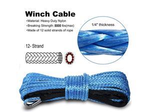 Nylon Synthetic Winch Cable Rope with Sheath for SUV ATV UTV Winches Truck Boat Ramsey Car 1/4" x 50'-8000LB+ Blue Nylon Synthetic Winch Cable Rope with Sheath for SUV ATV UTV Winches Truck Boat Ramsey Car 1/4" x 50'-8000LB+ Blue