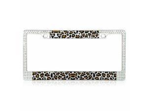 Brown Leopard Design License Plate Frames with Double Row Shining White Crystals
