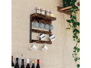 Rustic Wood Wall Mounted Coffee Mug Rack with Top Shelf Teacup Cafe Mugs Storage