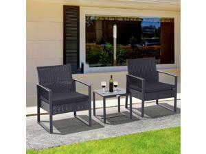 3pcs Rattan Wicker Coffee Table Set Garden Chair Table Set w/ Cushion Black 3pcs Rattan Wicker Coffee Table Set Garden Chair Table Set w/ Cushion Black