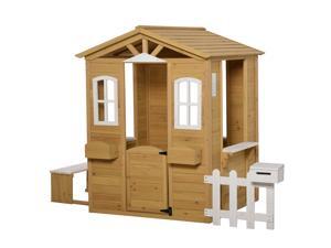 Kid Outdoor Wooden Playhouse w/ Door Windows Bench Natural Kid Outdoor Wooden Playhouse w/ Door Windows Bench Natural