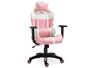 Office Chair Racing Gaming Chair with Wheels, Pillow, Pink and White Office Chair Racing Gaming Chair with Wheels, Pillow, Pink and White