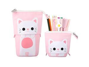Transformer Stand Store Pencil Holder Canvas Cartoon Cute Cat Telescopic Pencil Pouch Bag Stationery Pen Case Box Makeup Pouch Pop Up Cosmetics Bag Pink