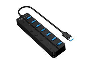 USB 3.0 Hub, DEFEILIN 7 Port Powered USB Hub Expander Aluminum USB 3.0 Data Port hub with Universal 5V AC Adapter and Individual On/Off Switches USB Splitter for Laptop and PC(Black)