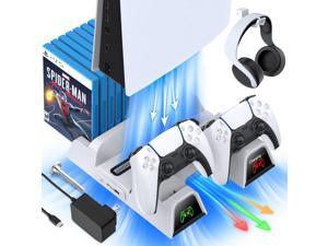 PS5 Vertical Stand with Cooling Fan and Dual Controller Charger - Indicator Lamps and 12 Game Slots, Fast Cooling through Metal Base, PS5 Console Compatible