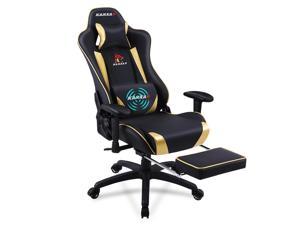 KARXAS Gaming Chair Racing Office Computer Game Chair Ergonomic High-Back PC Chair PU Leather Executive Swivel Task Chair with Adjustable Headrest, Massager Lumbar Support and Footrest(GOLD)