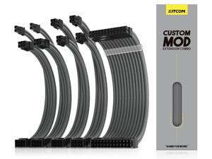 KITCOM PC Build Customization Mod Sleeve Extension ATX Power Supply Braided Cable Wire Kit/Set 18AWG ATX/ Extra-Sleeved 24-PIN/8-PIN (4+4) Dual EPS/PCI-E (6+2)  with combs, Grey