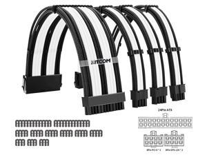 18AWG PSU Cable Extension Sleeved Braided Cable Kit/Set for ATX Modular Power Supply Gaming PC Build Customization Mod /24-PIN/8-PIN (4+4) CPU/Dual GPU (6+2) with combs, Black/White (KITCOM 4 Pack)