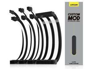 KITCOM PC Build Customization Mod Sleeve Extension ATX Power Supply Braided Cable Wire Kit/Set 18AWG ATX/Extra-Sleeved 24-PIN/8-PIN (4+4) EPS/Dual PCI-E (6+2) with combs, Black/White (4 Pack)