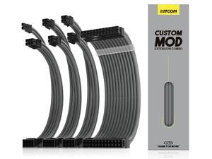 KITCOM PC Build Customization Mod Sleeve Extension ATX Power Supply Braided Cable Wire Kit/Set 18AWG ATX/ Extra-Sleeved 24-PIN/8-PIN (4+4) EPS/Dual PCI-E (6+2)  with combs, Grey (4 Pack)