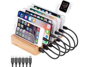 Charging Station Organizer Bamboo Color 60W,6-Port Multi Device Quick Charger Dock with QC 3.0 USB Fast Charge, 6 Mixed Cables for Smart Phones, Multiple Devices, Tablet and Watch Stand, Charging Station Organizer Bamboo Color 60W,6-Port Multi Device Quick Charger Dock with QC 3.0 USB Fast Charge, 6 Mixed Cables for Smart Phones, Multiple Devices, Tablet and Watch Stand,