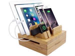 Bamboo 5-Slot Removable Tablet Phone Stand Holder Desktop Cord Organizer Multi-Devices Docking Station for Smartphones,Tablets,iWatch