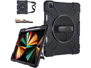 iPad Pro 12.9 Case 2021 5th Generation: Military Grade Shockproof Silicone Protective Cover for iPad 12.9 Inch 5th Gen w/Pencil Holder Stand - Handle - Shoulder Strap Black