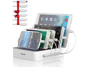 Charging Station for Multiple Devices, 5 Port USB Charging Station Dock Organizer, Compatible with iPhone iPad Cell Phone Tablet (White, 6 Shorts Cables Included)