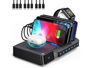 Charging Station for Multiple Devices, 60 W 8-in-1 Charging Dock with Wireless Charging Pad iWatch Holder Cell Phone Charger Multi USB Charging Stations Organizer for iPhone, iPad, Tablets