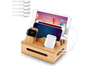 Bamboo Charging Station for Multiple Devices - Wooden Charging Station Organizer Cell Phone Dock Desk Organizer for Apple - Bamboo Wood Docking Device Organizer (5 USB Cables, No Power Supply)