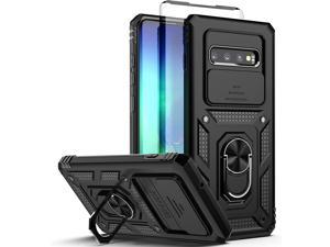 Galaxy s10 Plus Case, Samsung S10 Plus Case with Slide Camera Cover + HD Ceramics Film Screen Protector, Military-Grade Protection Phone Case with Kickstand for S10 Plus 6.4" (JS-Black)