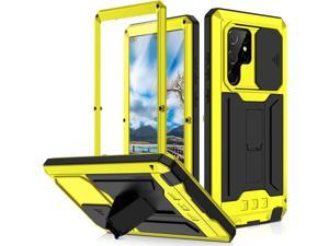 Samsung Galaxy S22 Ultra 5G 2022 Rugged case with Screen Protector Stand Camera Slide Cover for Samsung S22 Ultra Metal Military Sturdy Armour Shockproof Cover for Man Outdoor (Yellow)