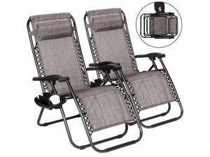 Set Of 2 Zero Gravity Recline Chairs Folding Po Garden Beach Deck Lounge Tray
