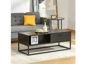 Retro Coffee Table Cocktail Table w/ Storage Shelf Drawer for Living Room Black