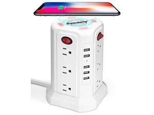 Surge Protector Tower Wireless Charger, SUPERDANNY 15A Vertical Power Strip 3600W Desktop Charging Station with 12 Outlets 5 USB Ports 6ft Heavy Duty Extension Cord for Home Theatre (SUPERDANNY101-us)