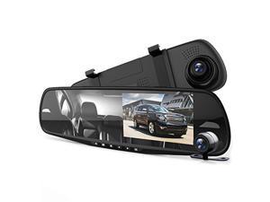Pyle Dash Cam Rearview Mirror - 4.3? DVR Monitor Rear View Dual Camera Video Recording System in Full HD 1080p w/ Built in G-Sensor Motion Detect Parking Control Loop Record Support - PLCMDVR49