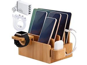 Bamboo Charging Station for Multiple Devices (Included 5 Port USB Charger, 5 Pack Charge & Sync Cable, Watch&Earbuds Stand), Electronic Device Desktop Organizer for Cellphone, Tablet, Watch, Earbuds