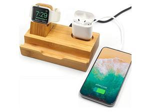 WISION 3-Port Bamboo Charging Station Desk Dock Stock Cradle Holder Organizer, Charging Stand for Universal Multi Device, Compatible AirPods/Apple Watch/Cell Phone with Case