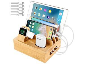 Bamboo Charging Station Dock for 4/5 / 6 Ports USB Charger with 5 Charging Cables Included, Desktop Docking Station Organizer for Cellphone,Smart Watch,Tablet(No Power Supply)