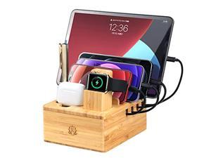 Bamboo Charging Stations for Multiple Devices, Upgrade Desk Docking Station Organizer for Cell Phones, Tablet, AirPods, iWatch Stand with 3 Cables