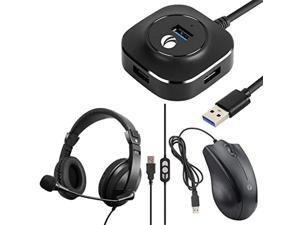 VCOM USB Headset with Microphones, USB to 4 Port USB Hub and Wired USB Mouse with 6Ft Cord & 1200DPI Bundle