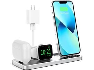 3 in 1 Charging Station for Multiple Devices Apple Portable Charging Stand for Apple Watch iPhone and AirPods Build-in Charger Charging Dock Holder for iPhone with Adapter and Cable(Silver)