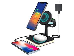 Magnetic Wireless Charging Station, 15W Fast Wireless Charger 4 in 1 MagSafe Charger Stand for iPhone 13/12/Pro/Pro Max/Mini, iWatch and Airpods 3/2/Pro with Night Light (18W QC3.0 Adapter Included)